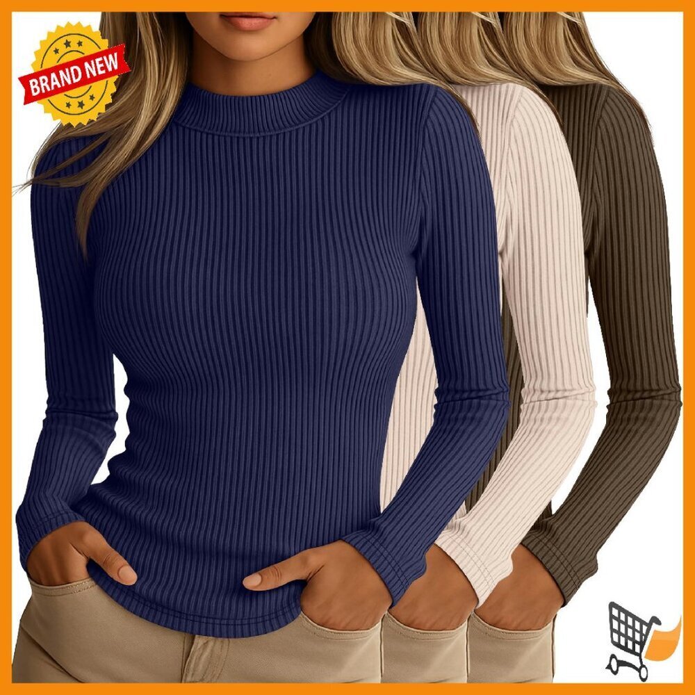 Women's Slim Fit Ribbed Mock Turtleneck Long Sleeve Tees 3 Pack